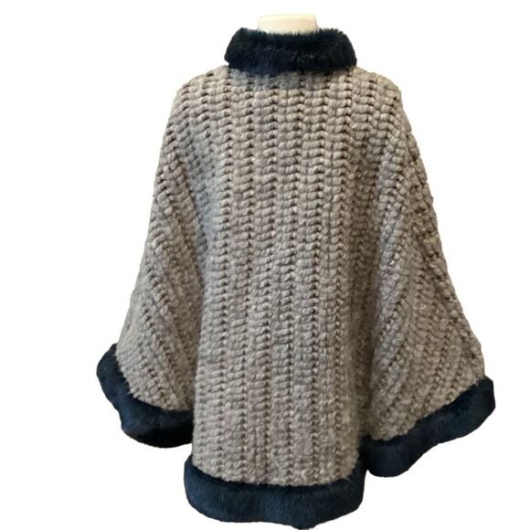 MARIA SOLE Made in Italy Sz S/M Alpaca Wool Blend Poncho Faux Fur Tan Blue - Picture 3 of 11
